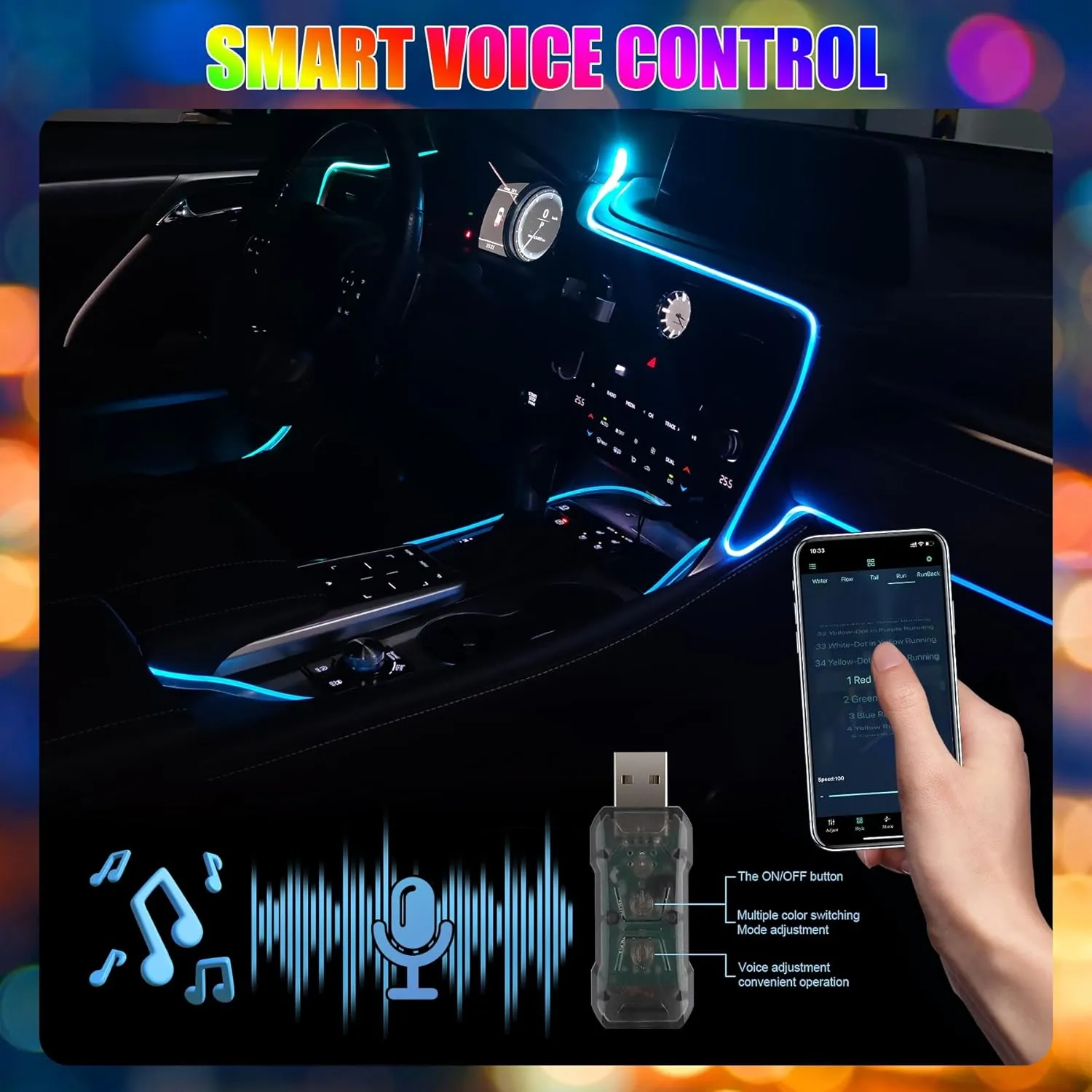 LivTee Smart LED Car Lights Interior with USB Port, LED Strip Fiber Optic Ambient Lighting Car, Wireless App Control, Sync to Music, Car Decorations Interior Accessories Gifts for Women Men, 5 in 1