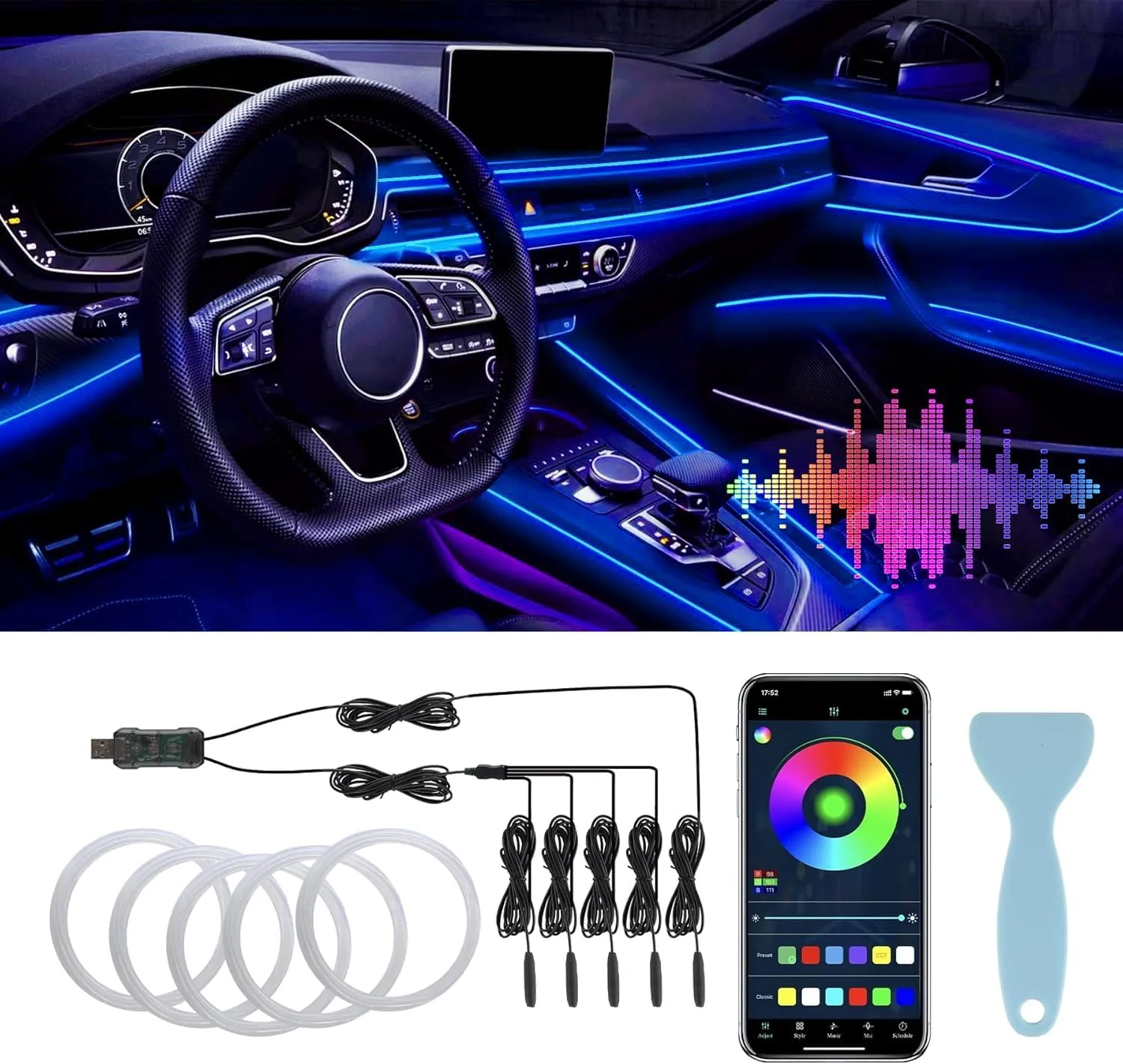 LivTee Smart LED Car Lights Interior with USB Port, LED Strip Fiber Optic Ambient Lighting Car, Wireless App Control, Sync to Music, Car Decorations Interior Accessories Gifts for Women Men, 5 in 1