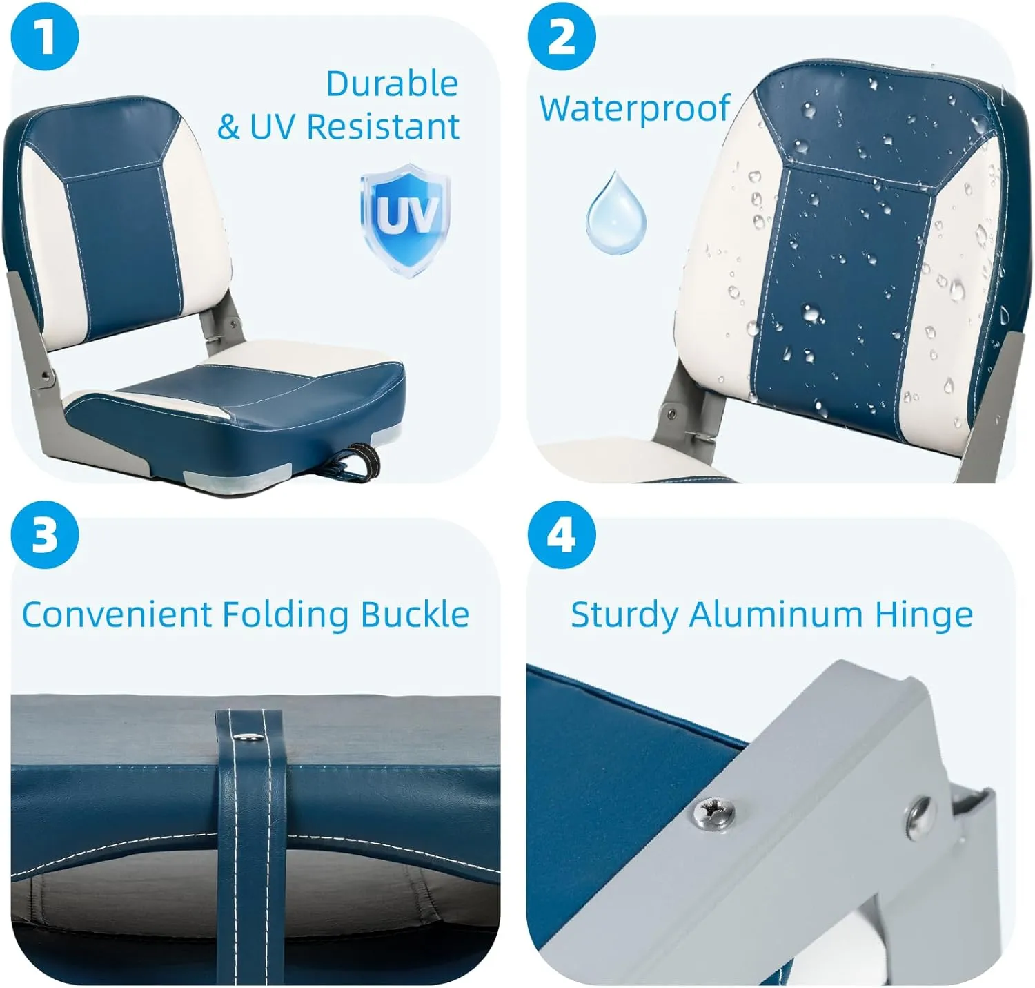Low Back Padded Boat Seats, Folding Boat Seats, Waterproof Captain Boat Seat, 2 Packs (Blue & White)