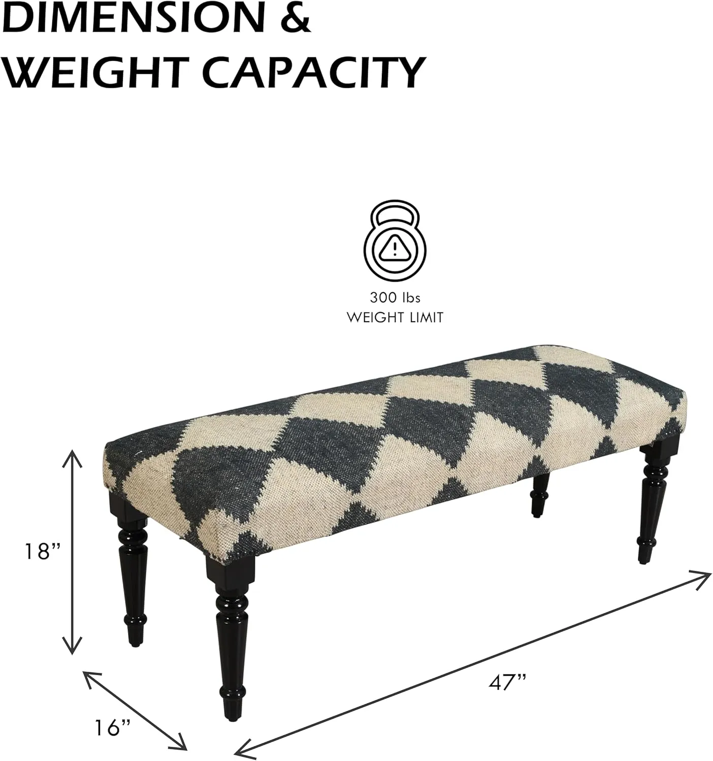 LR Home Alexei Tan/Black Upholstered Bench for Bedroom End of Bed | Farmhouse Checkered Accent Bench for Living Room, Bedroom, or Entryway Seating | Long Rectangle Sitting Bench | 47"W x 16"D x 18"H