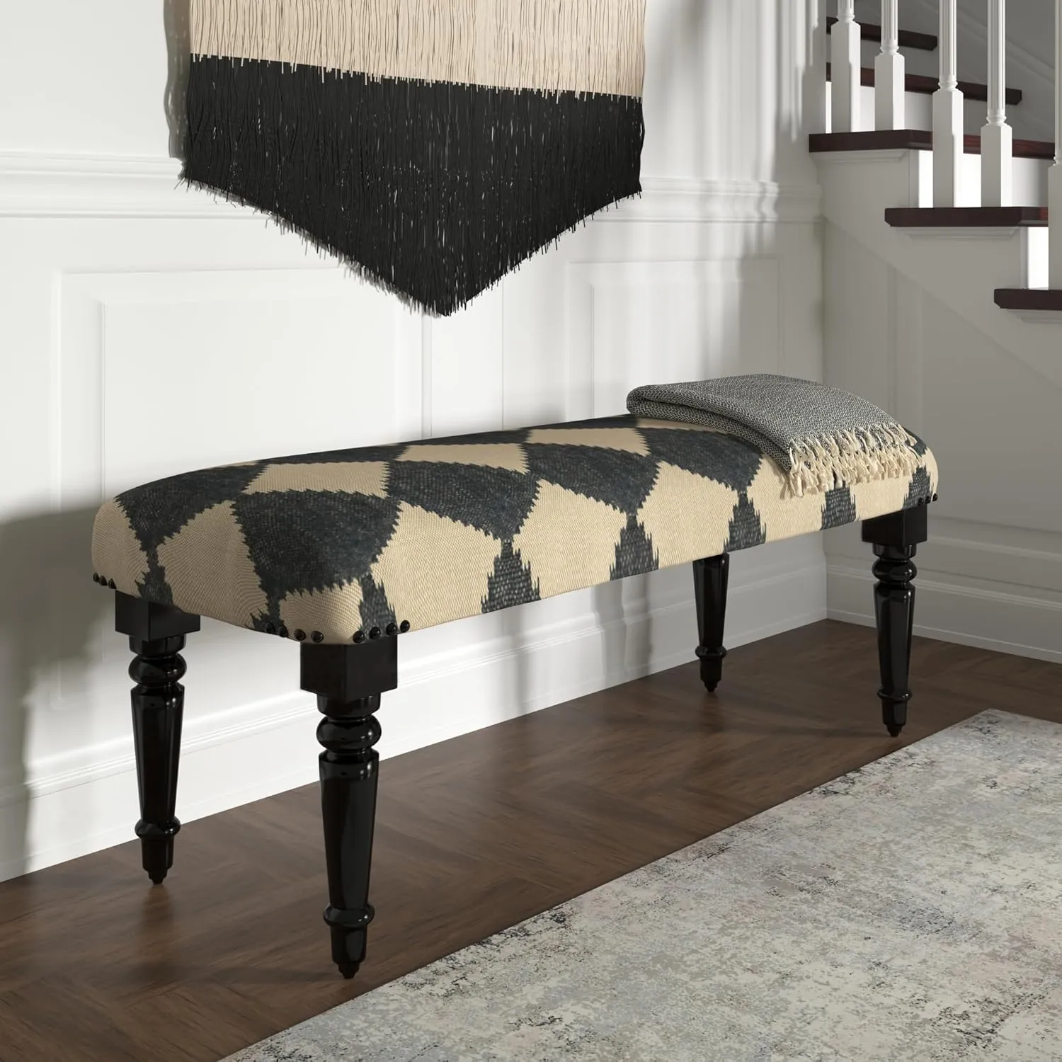 LR Home Alexei Tan/Black Upholstered Bench for Bedroom End of Bed | Farmhouse Checkered Accent Bench for Living Room, Bedroom, or Entryway Seating | Long Rectangle Sitting Bench | 47"W x 16"D x 18"H