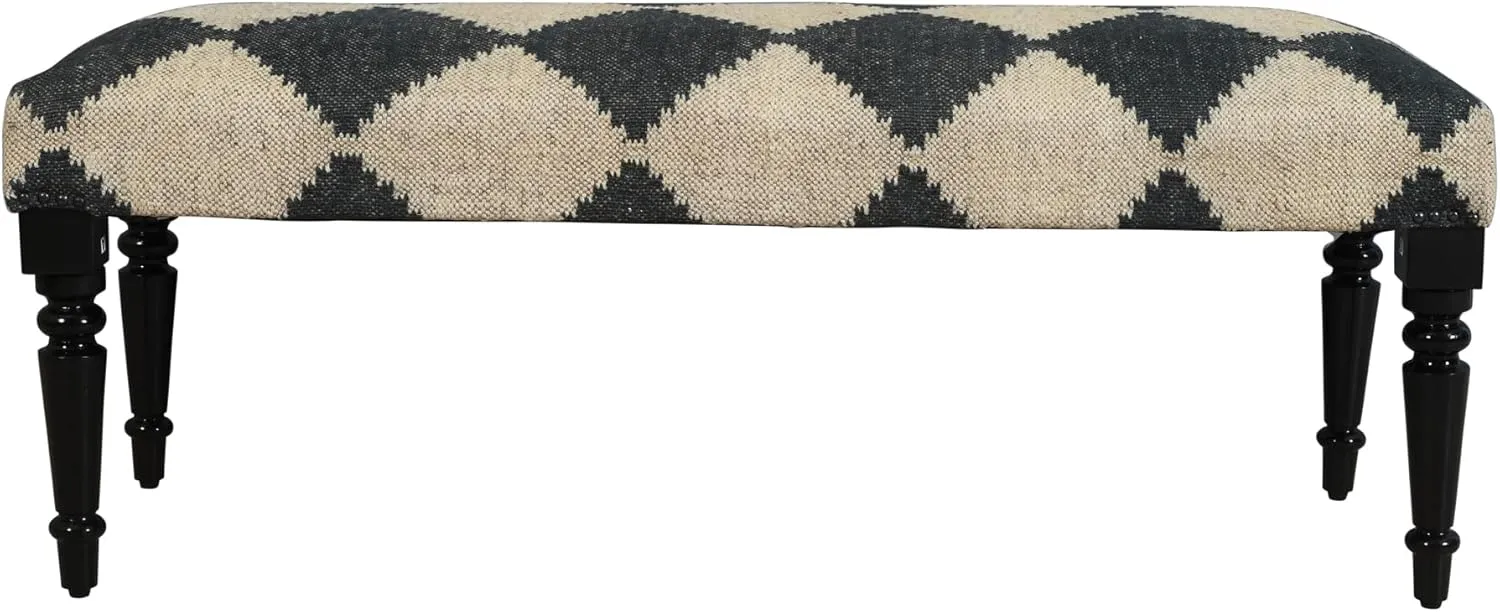 LR Home Alexei Tan/Black Upholstered Bench for Bedroom End of Bed | Farmhouse Checkered Accent Bench for Living Room, Bedroom, or Entryway Seating | Long Rectangle Sitting Bench | 47"W x 16"D x 18"H
