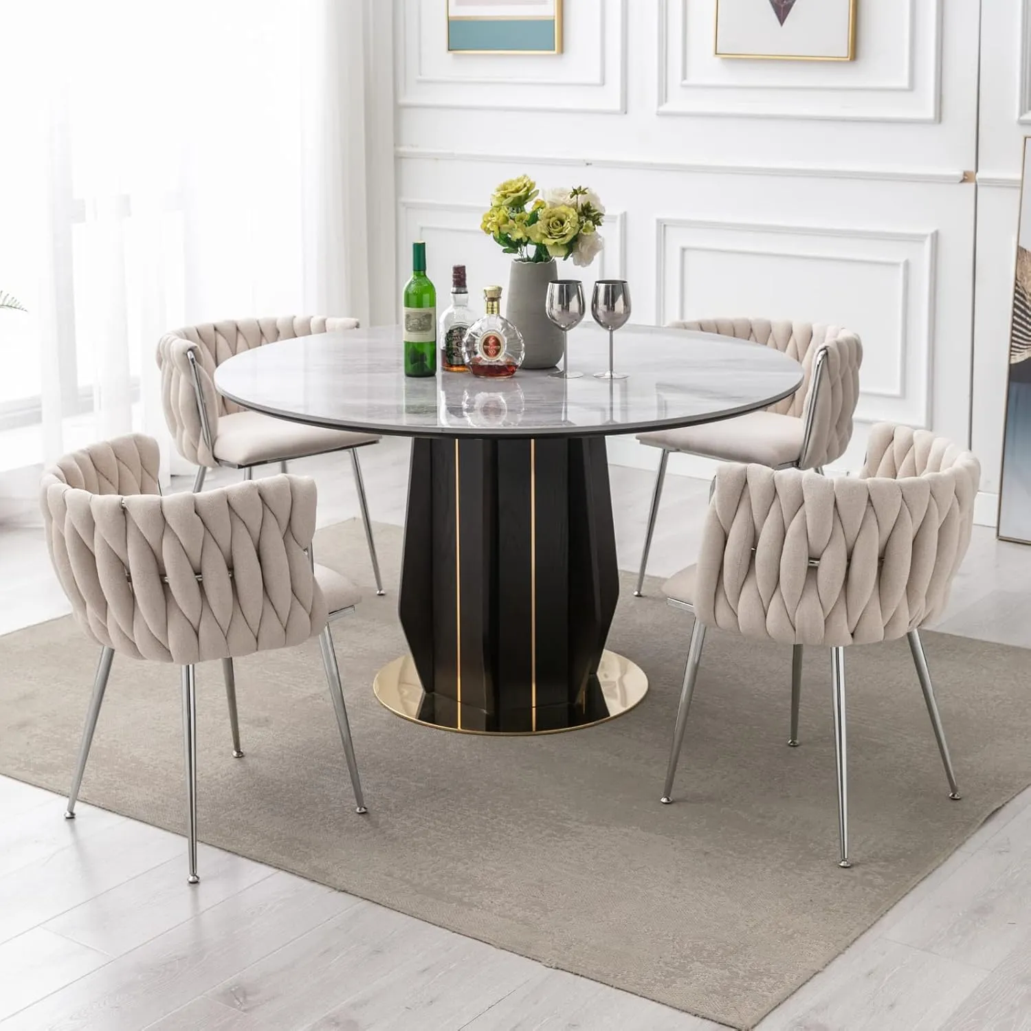 LukeAlon Modern Linen Dining Chairs Set of 4, Weaved Backrest Leisure Chair with Silver Metal Legs Upholstered Side Chairs Accent Living Room Chairs for Kitchen Vanity Room, Beige