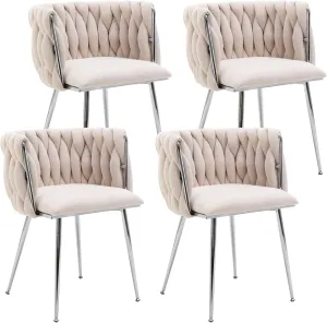 LukeAlon Modern Linen Dining Chairs Set of 4, Weaved Backrest Leisure Chair with Silver Metal Legs Upholstered Side Chairs Accent Living Room Chairs for Kitchen Vanity Room, Beige