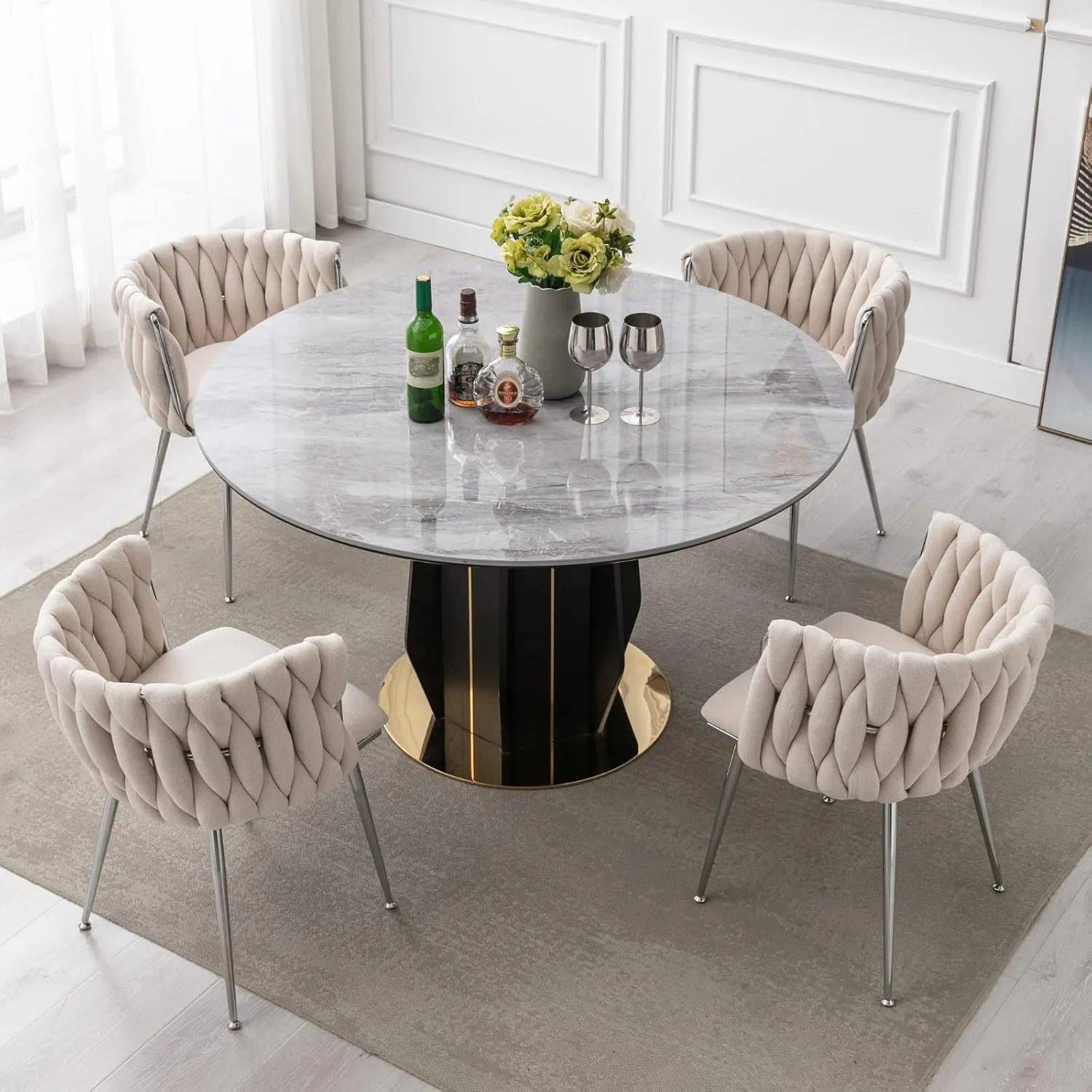 LukeAlon Modern Linen Dining Chairs Set of 4, Weaved Backrest Leisure Chair with Silver Metal Legs Upholstered Side Chairs Accent Living Room Chairs for Kitchen Vanity Room, Beige