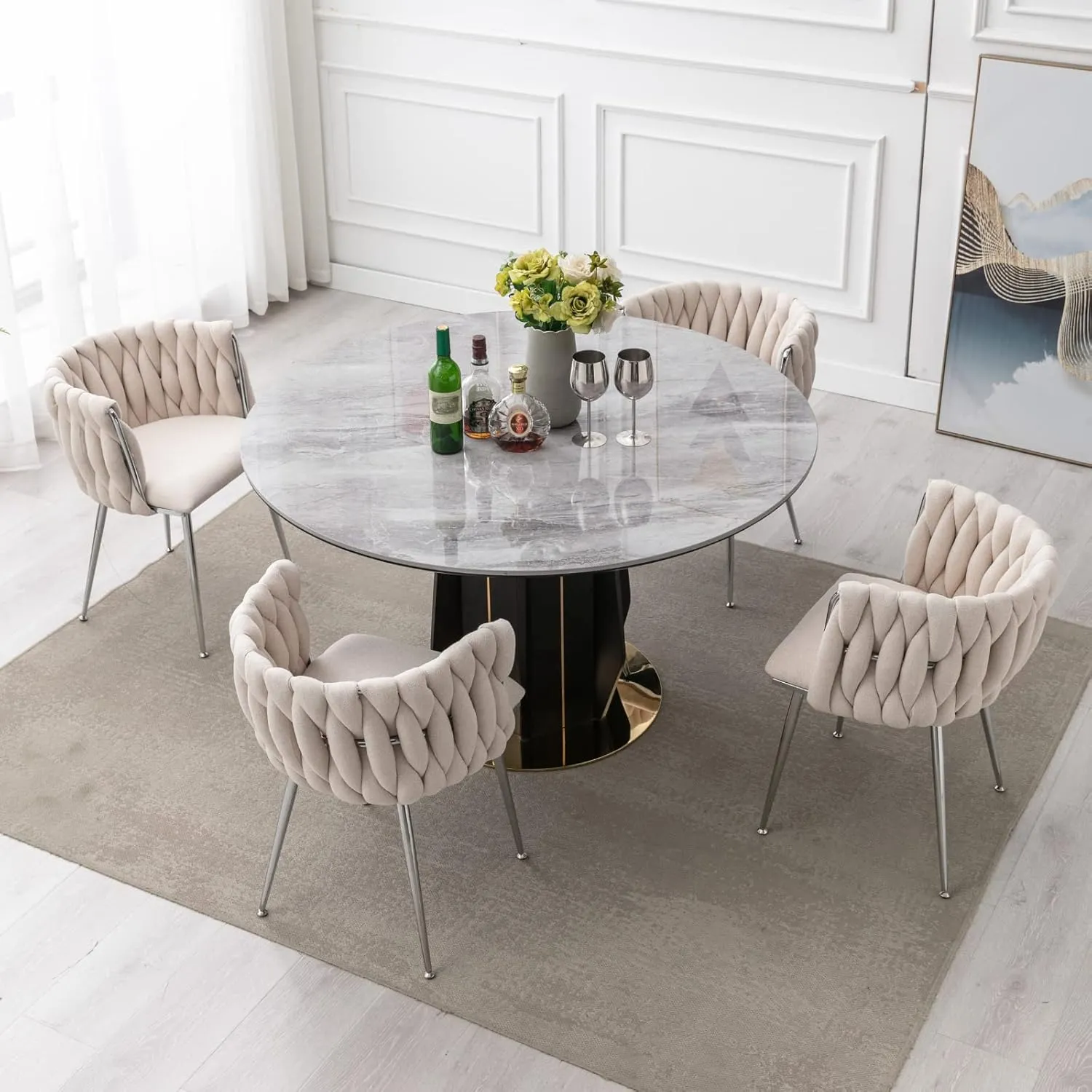 LukeAlon Modern Linen Dining Chairs Set of 4, Weaved Backrest Leisure Chair with Silver Metal Legs Upholstered Side Chairs Accent Living Room Chairs for Kitchen Vanity Room, Beige