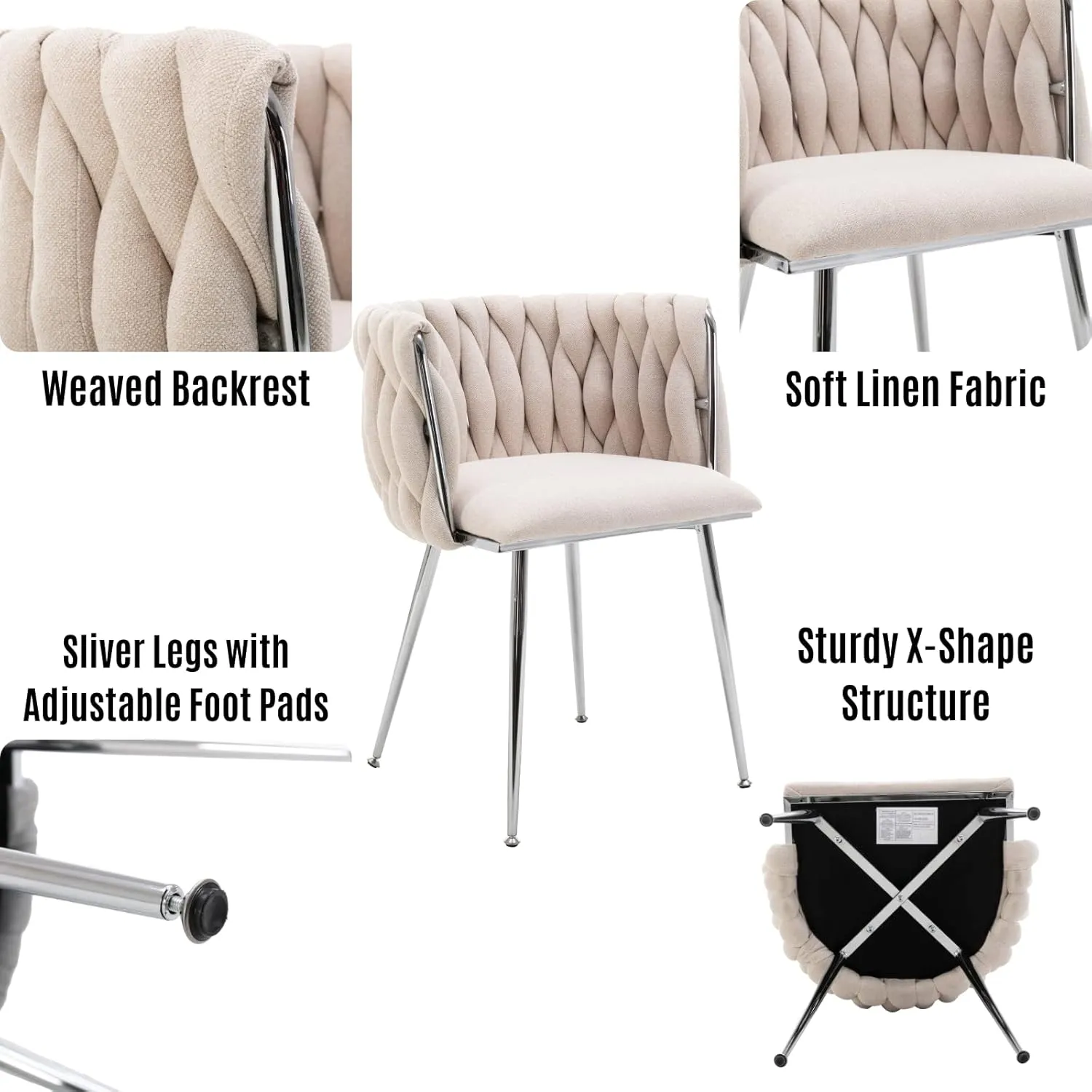 LukeAlon Modern Linen Dining Chairs Set of 4, Weaved Backrest Leisure Chair with Silver Metal Legs Upholstered Side Chairs Accent Living Room Chairs for Kitchen Vanity Room, Beige