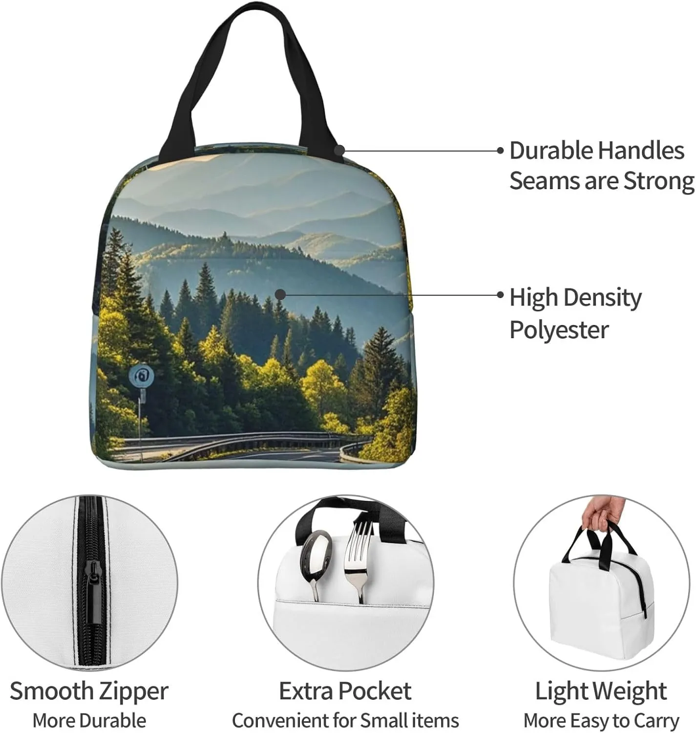 Lunch Bag Insulated Lunch Box for Women Men Blue Ridge Parkway Mountains Reusable Lunch Tote Bag for Work Picnic Travel