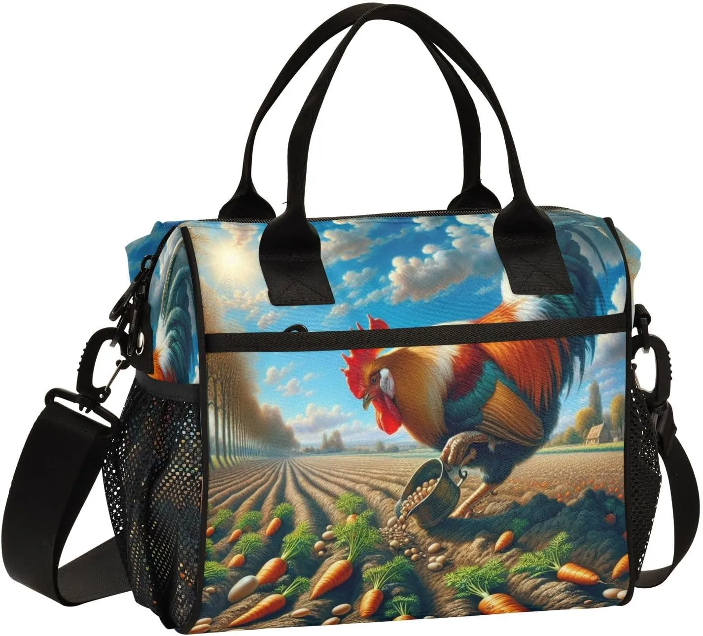 Lunch Bag Insulated Reusable Farmland Rooster Lunch Box,Leakproof Insulated Cooler with Adjustable Shoulder Strap for Women Men