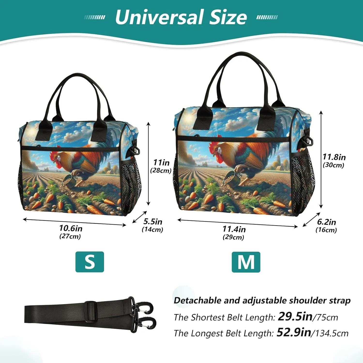 Lunch Bag Insulated Reusable Farmland Rooster Lunch Box,Leakproof Insulated Cooler with Adjustable Shoulder Strap for Women Men