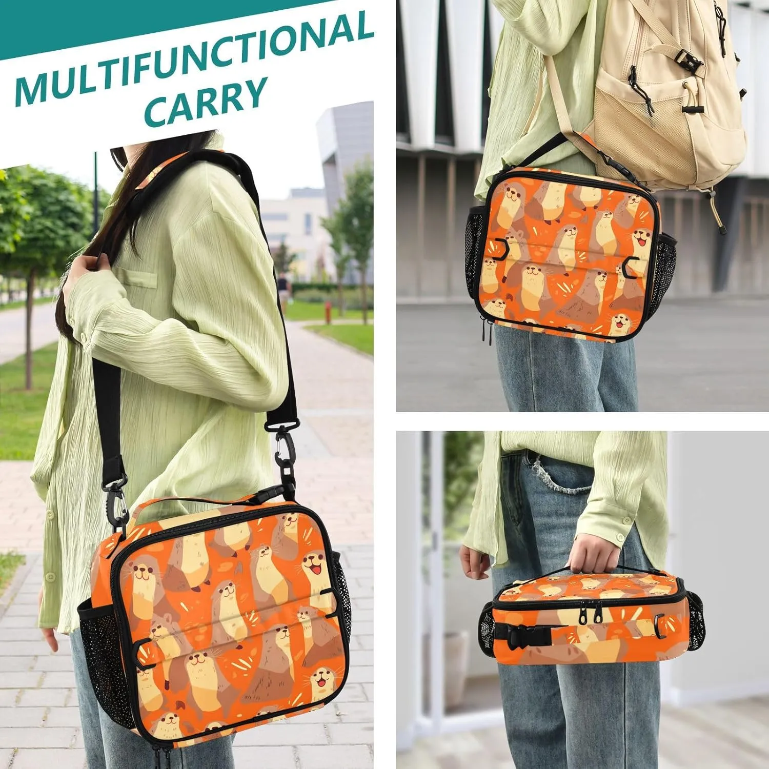Lunch Bag Lunch Box for Women Men Insulated Cooler Bag Reusable Lunch Box Tote Bag with Strap for Work Picnic Sea Lions Hieroglyphic Red