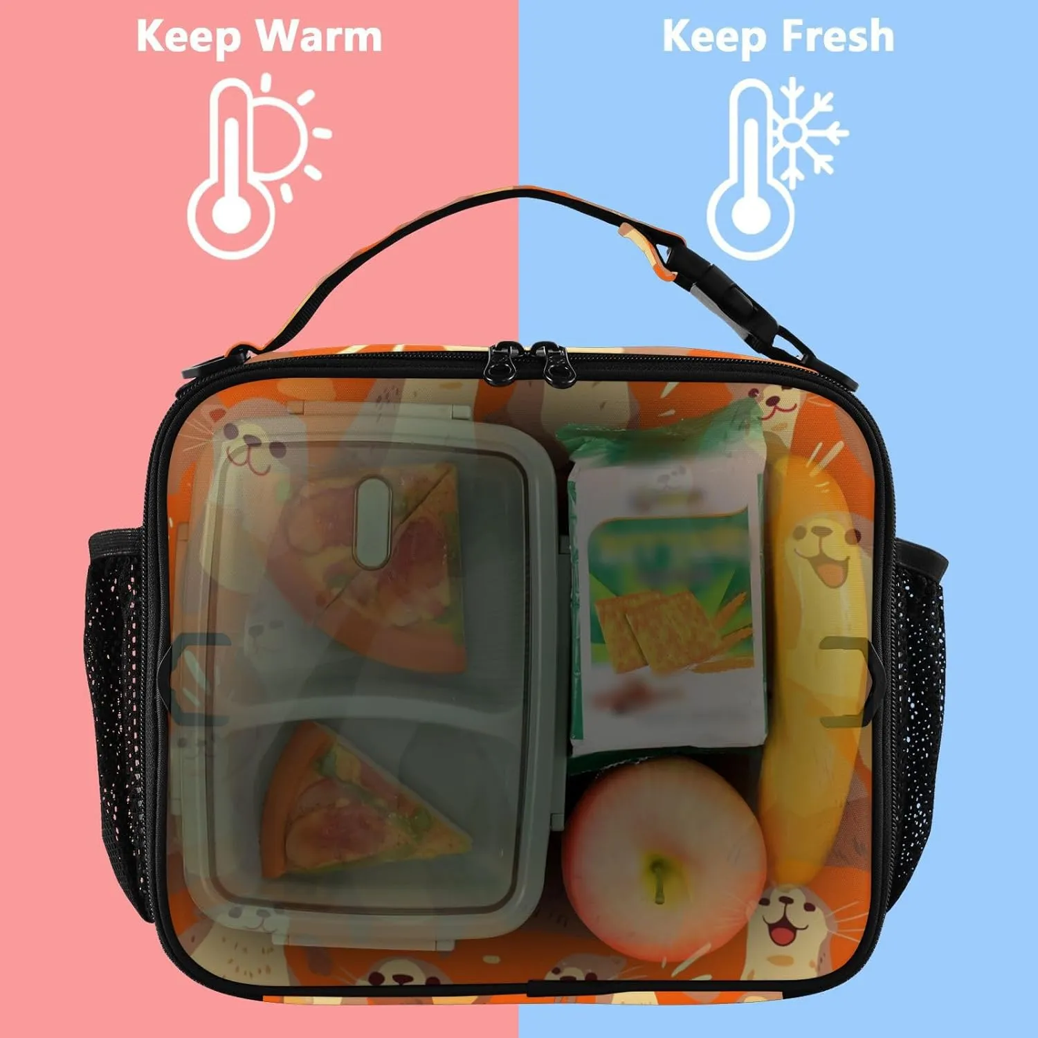 Lunch Bag Lunch Box for Women Men Insulated Cooler Bag Reusable Lunch Box Tote Bag with Strap for Work Picnic Sea Lions Hieroglyphic Red