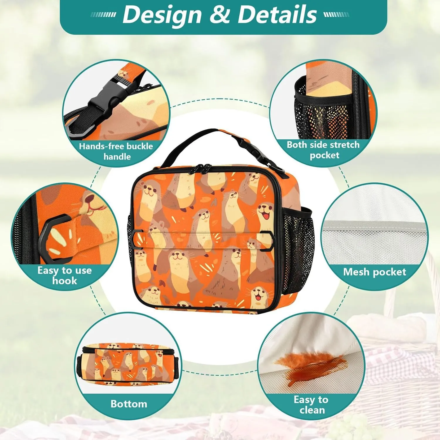 Lunch Bag Lunch Box for Women Men Insulated Cooler Bag Reusable Lunch Box Tote Bag with Strap for Work Picnic Sea Lions Hieroglyphic Red
