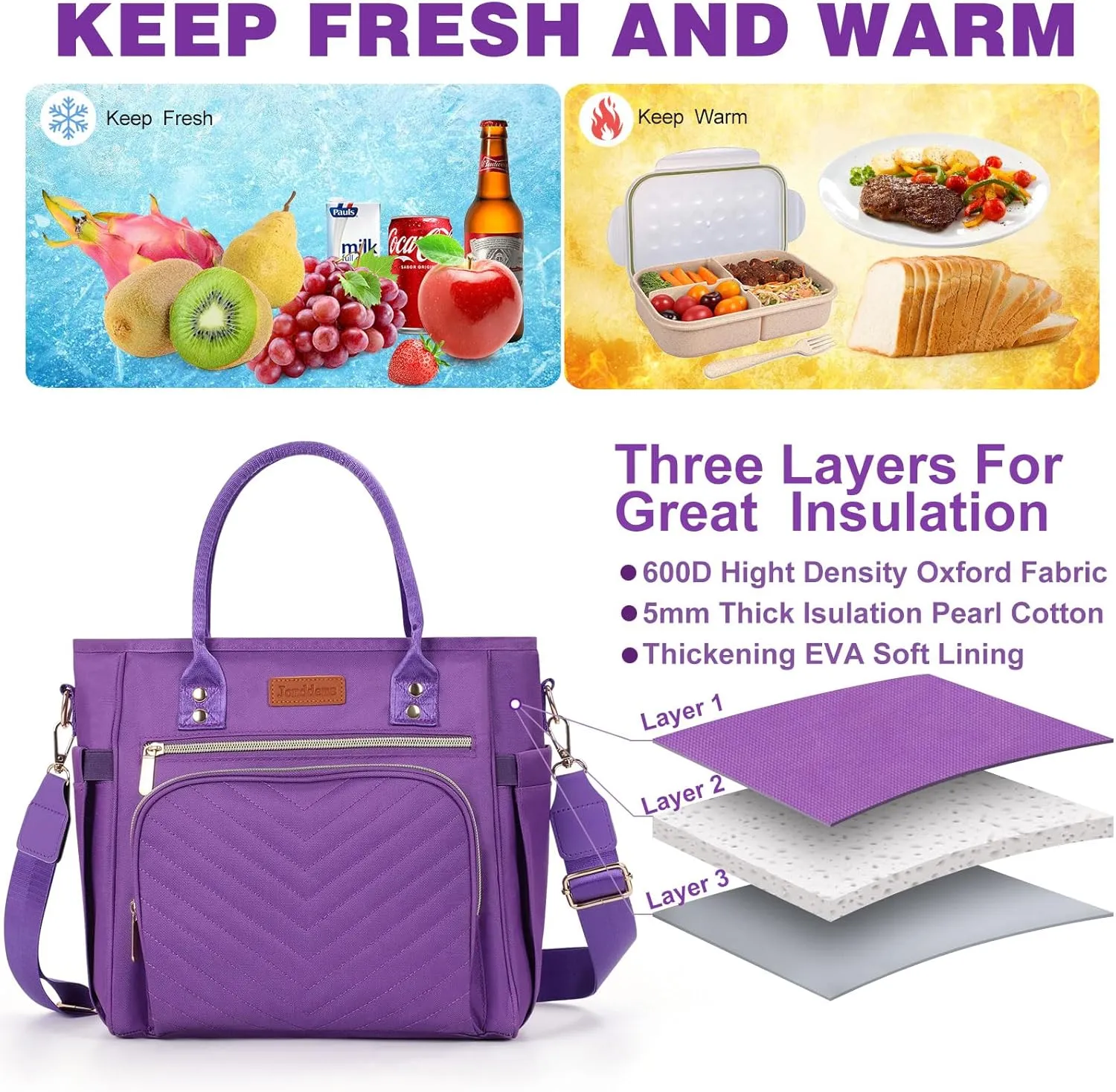 Lunch Box for Women Men,Lunch Bag Women, Insulated Lunch Box for Men with Shoulder Strap,Portable Reusable Large Cooler Tote Bags for Work Picnic Hiking Beach (purple)