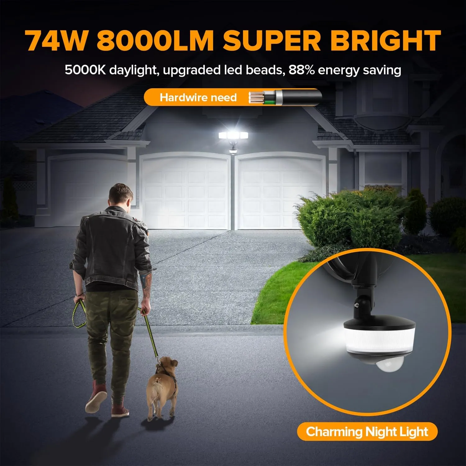 LUTEC 74W 8000 Lumen Motion Sensor Outdoor Lights, 5000K Daylight, IP65 Waterproof Flood Lights Outdoor with Night Light, Dusk to Dawn Motion Detector Security Lights for Outside Garage, Yard-Black