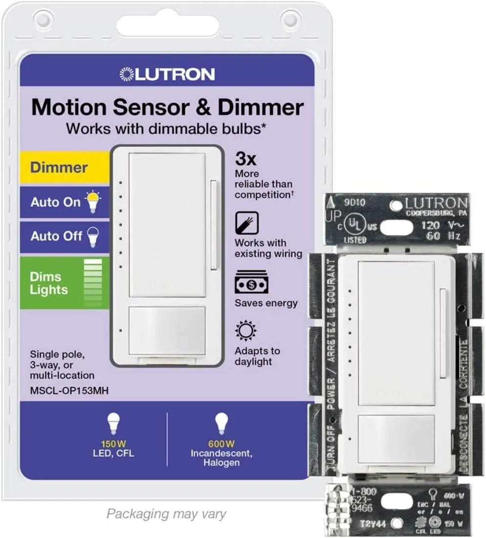 Lutron Maestro Motion Sensor Dimmer Switch for Bathroom, Garage, Laundry Room, and Closet, Occupancy and Vacancy Sensor, Single-Pole/Multi-Location, No Neutral Required, MSCL-OP153M-WH, White