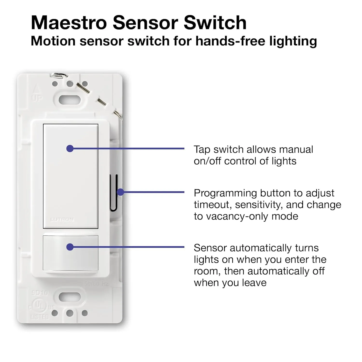 Lutron Maestro Motion Sensor Light Switch for Bathroom, Garage, Laundry Room, and Closet, for Any Light Bulbs, Occupancy and Vacancy Sensor, Single-Pole Only, No Neutral Required, MS-OPS2-WH, White