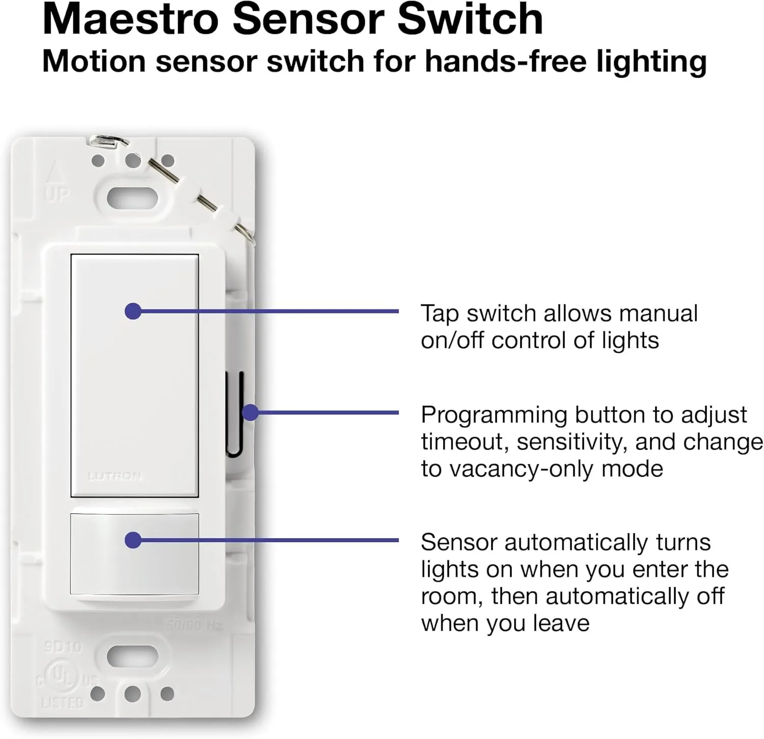 Lutron Maestro Motion Sensor Switch | 2 Amp, Single Pole | MS-OPS2-SW | Snow