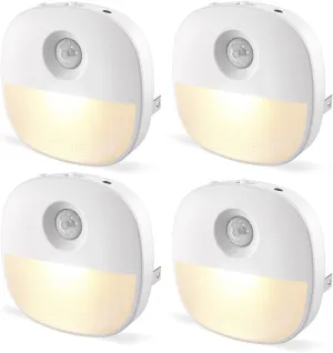 Lyridz Plug in Night Light with Motion Sensor and Dusk to Dawn Sensor, Dimmable Warm Nightlight with 1-50lm Adjustable Brightness Indoor for Bedroom, Bathroom, Stairs, Hallway, Pet House (4 Pack)