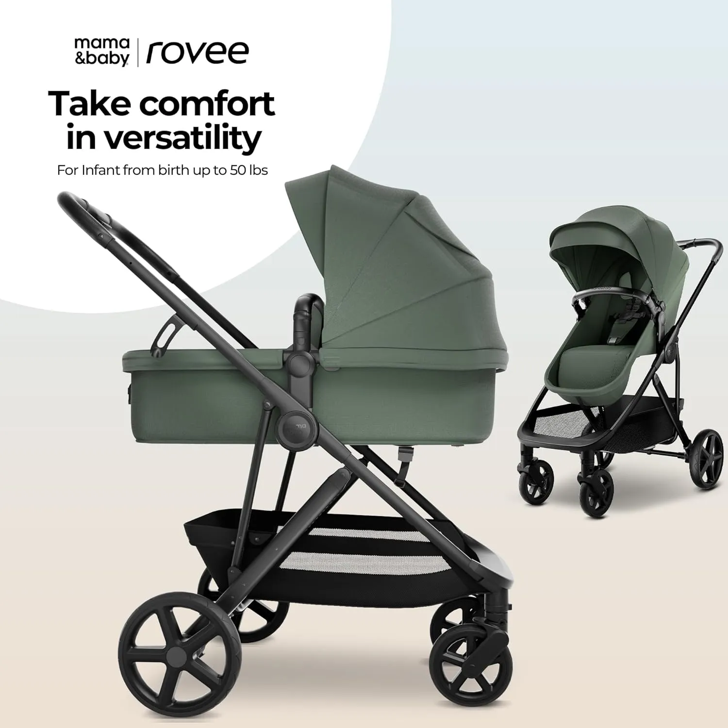 MAMA & BABY Rovee Bassinet Baby Stroller, 2-in-1 Foldable Infant Stroller with Reversible Seat, UPF 50  Canopy, All-Terrain Wheels for On-The-Go Families