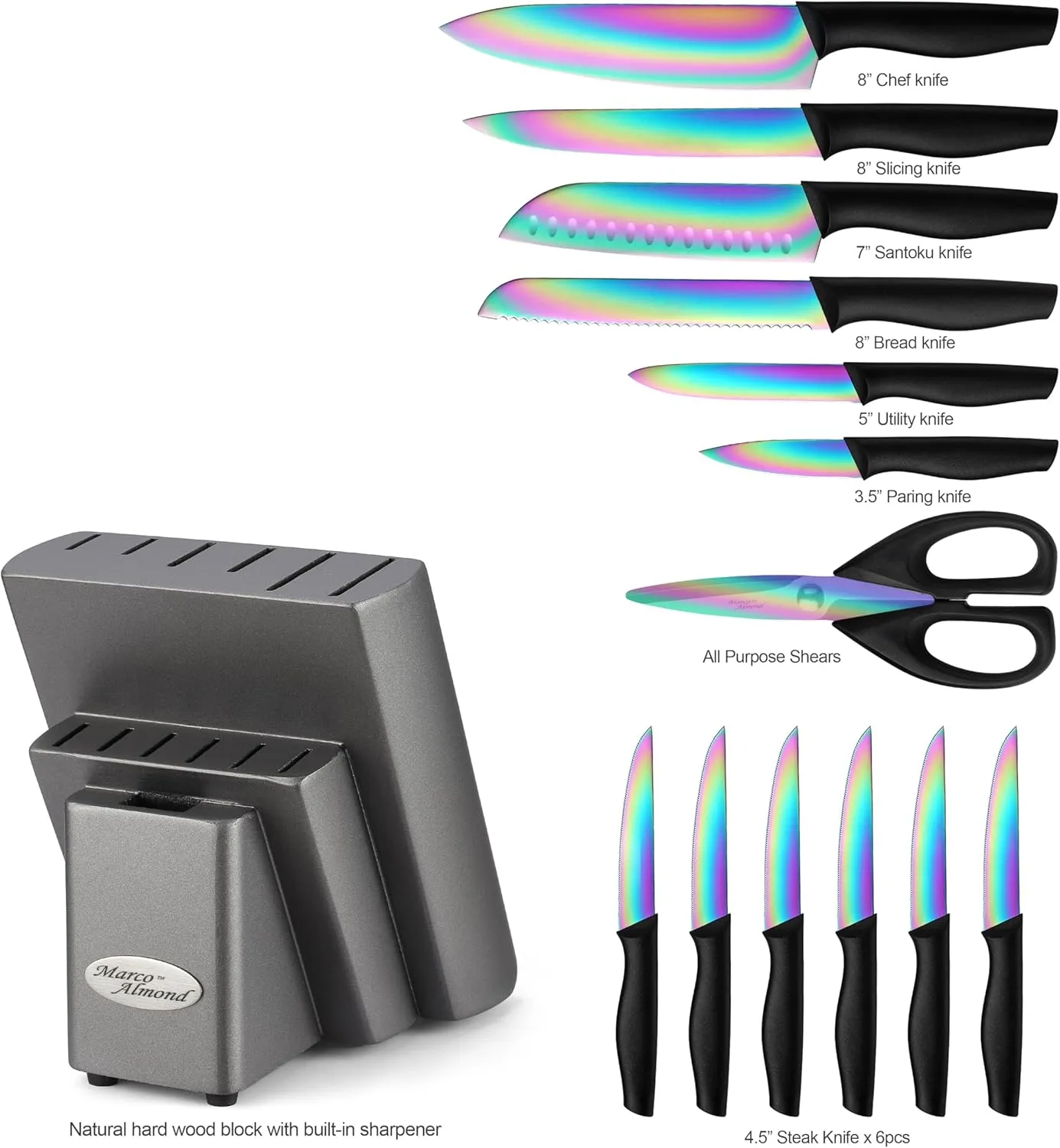 Marco Almond Knife Set with Block, 14 Piece Rainbow Titanium Knife Block Set, KYA25 Cooking Steak Knives set with Black Handle.