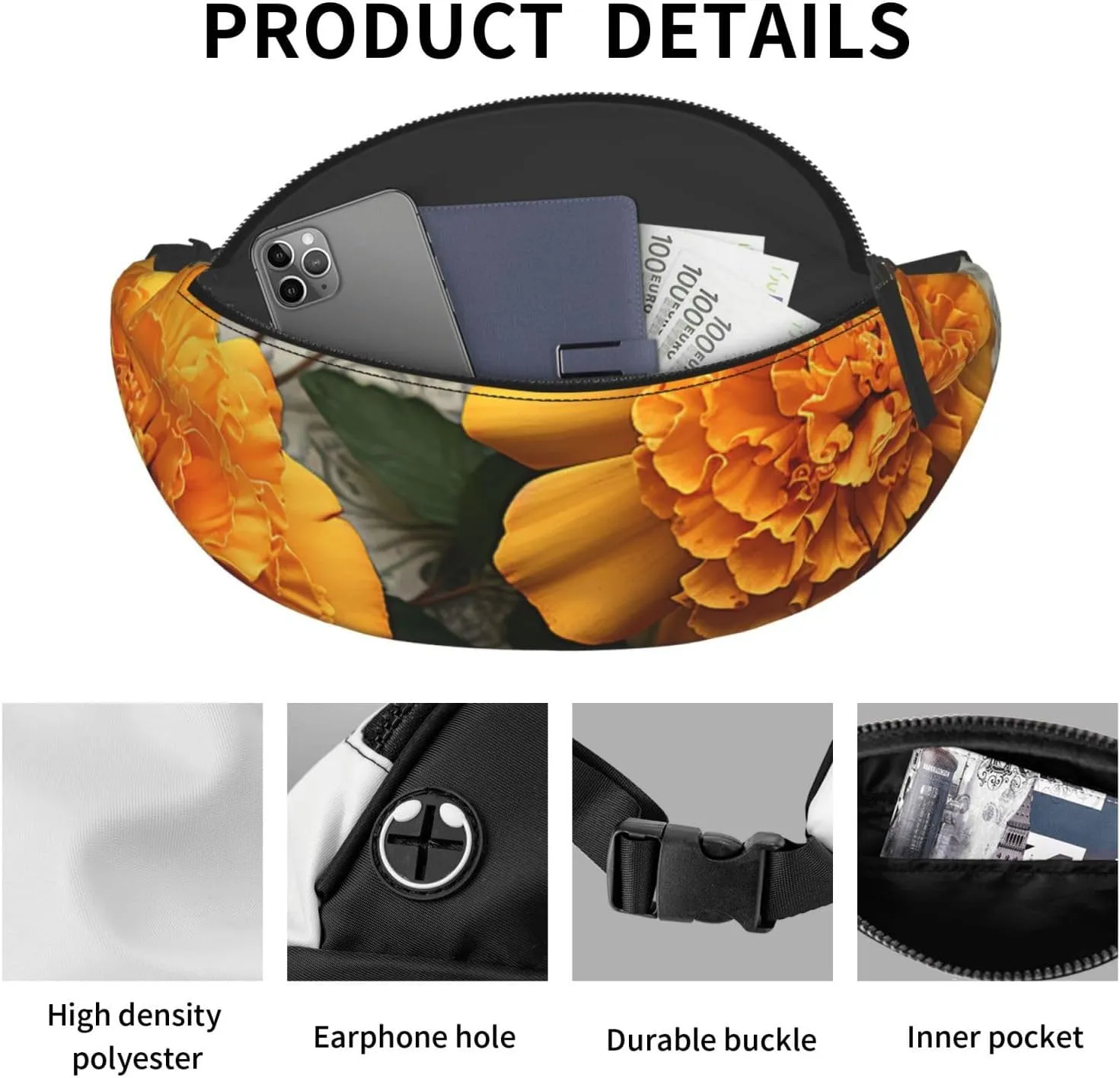 Marigold Fanny Pack for Man Women Waist Bag Adjustable Belt Casual Chest Bag Bum Bags for Travel Sports Running Hiking Waist Packs
