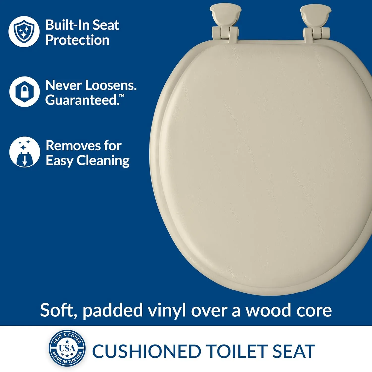 Mayfair Padded Toilet Seat, Cushioned Soft Vinyl over Wood Core Seat, Secure Hinges, Easy Clean, Round, Bone