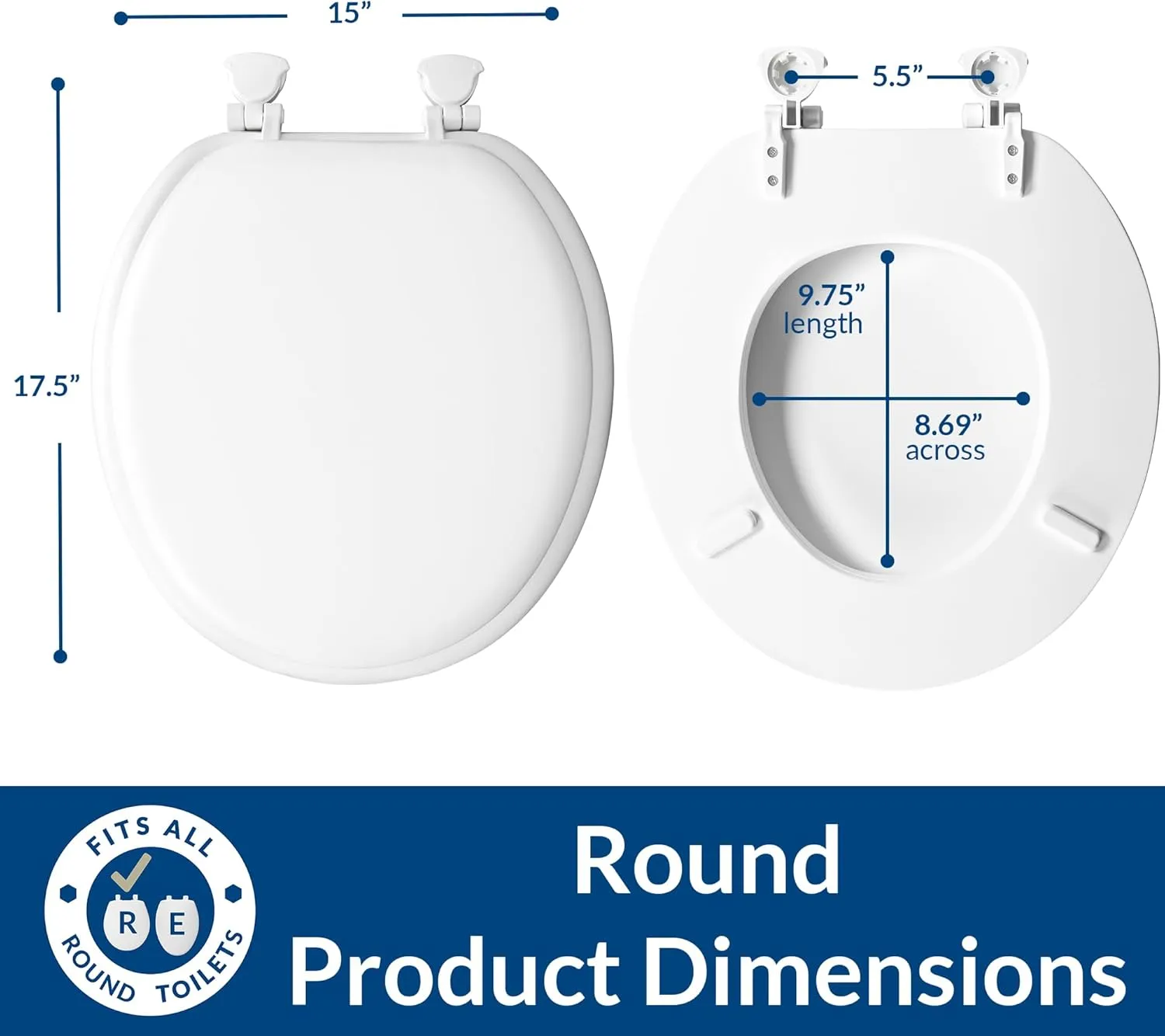 Mayfair Padded Toilet Seat, Cushioned Soft Vinyl over Wood Core Seat, Secure Hinges, Easy Clean, Round, White