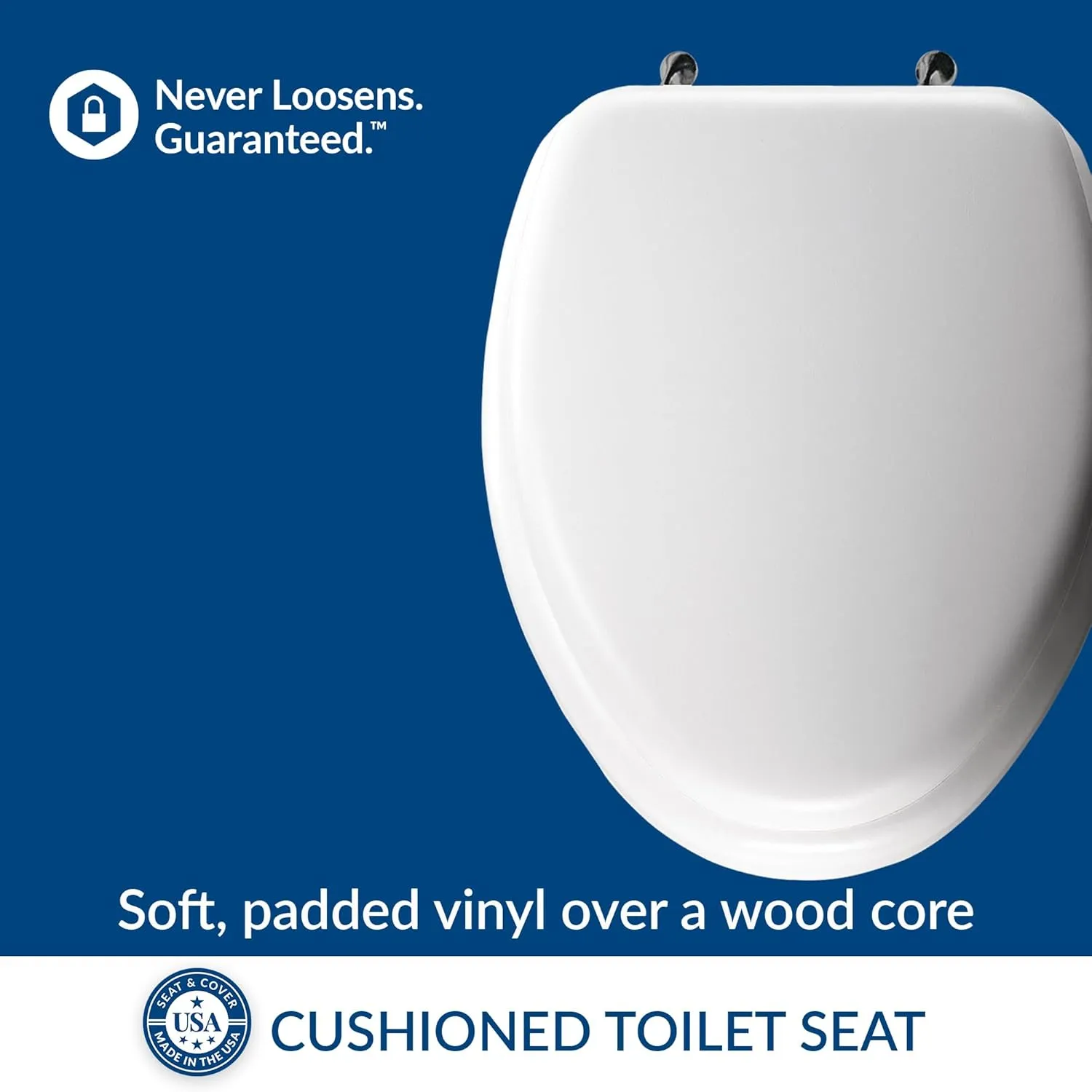 Mayfair Padded Toilet Seat with Chrome Hinges, Soft Vinyl over Wood Core Seat, Elongated, White