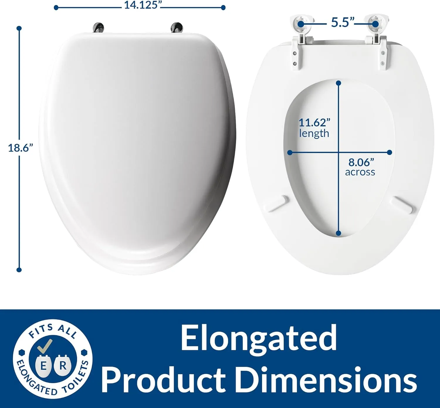 Mayfair Padded Toilet Seat with Chrome Hinges, Soft Vinyl over Wood Core Seat, Made in USA, Elongated, White