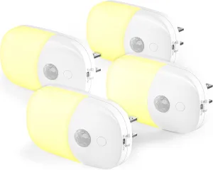 MAZ-TEK Plug in Motion Sensor Dimmable Night Light, Soft Warm White LED Nightlight with Dusk to Dawn Motion Sensor, Adjustable Brightness for Bedroom, Bathroom, Kitchen, Hallway, Stairs,4 Pack