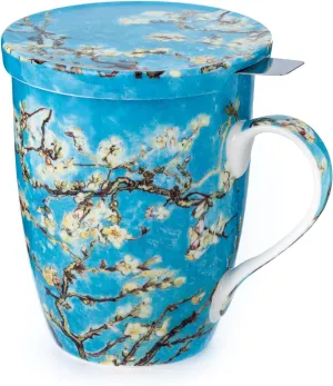 McIntosh Mugs Van Gogh Almond Blossom Fine Bone China (15 oz) Tea Mug with Lid and Infuser in Matching Gift Box