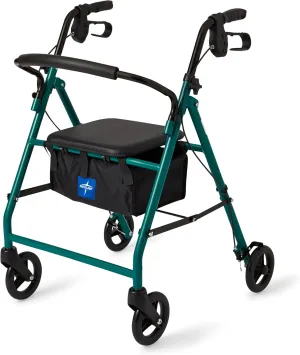 Medline Aluminum Rollator Walker with Seat, Green, 250 Lb. Weight Capacity, Lightweight, 6” Wheels, Foldable, Adjustable Handles, Rolling Walker for Seniors