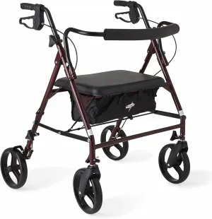 Medline Large Steel Bariatric Rollator Walker with Adjustable Handles, Padded Seat & Backrest, Burgundy, 500 lb. Weight Capacity, Foldable, Under Seat Storage, 8" Wheels, Rolling Walker For Seniors & Adults