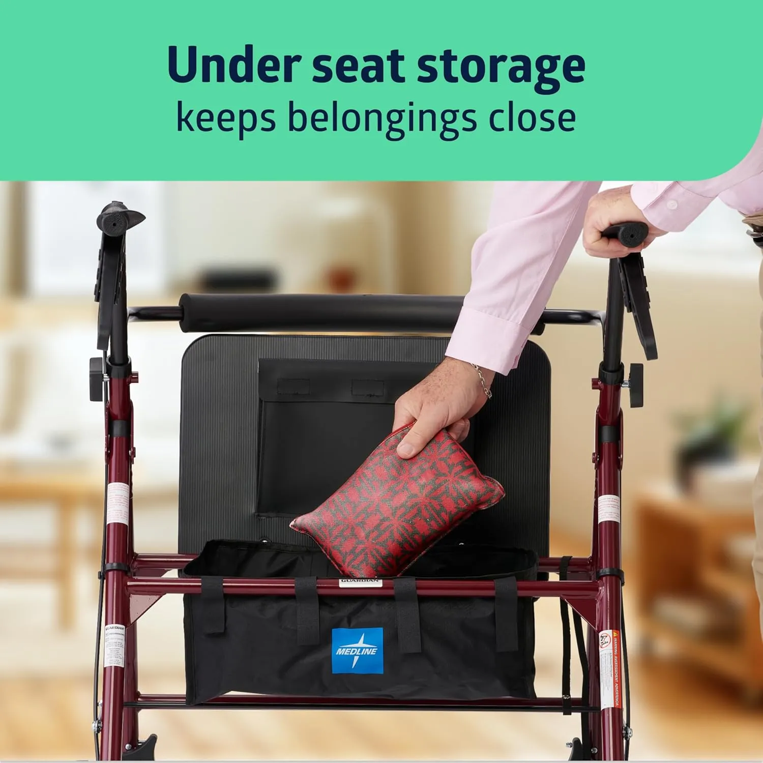 Medline Large Steel Bariatric Rollator Walker with Adjustable Handles, Padded Seat & Backrest, Burgundy, 500 lb. Weight Capacity, Foldable, Under Seat Storage, 8" Wheels, Rolling Walker For Seniors & Adults