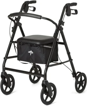 Medline Steel Rollator Walker for Adult Mobility Impairment, Black, 300 lb. Weight Capacity, 8” Wheels, Foldable, Adjustable Handles, Rolling Walker for Seniors