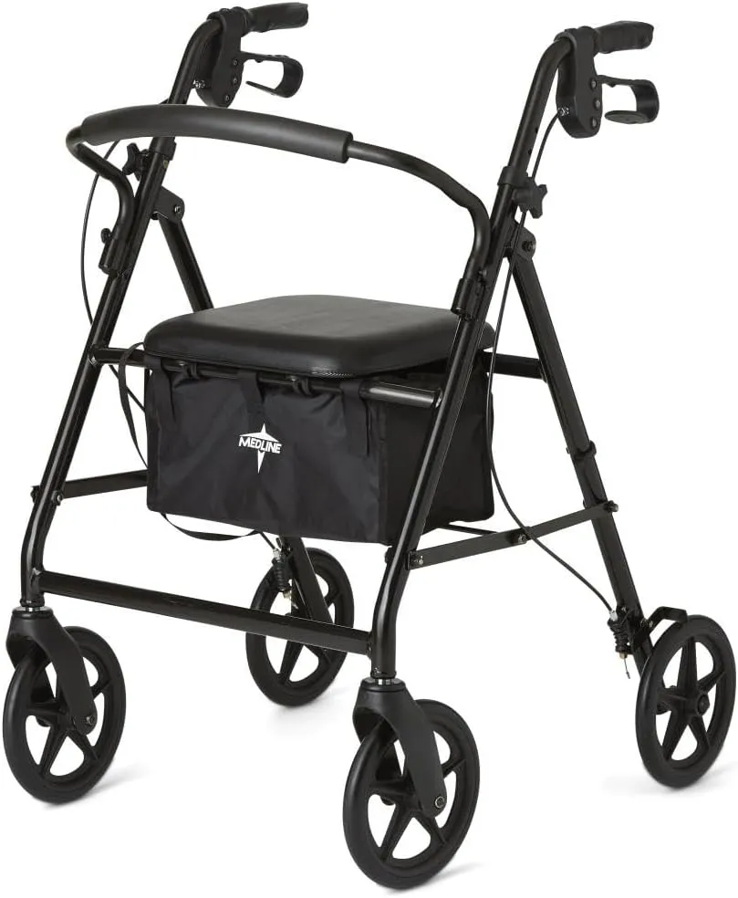 Medline Steel Rollator Walker for Adult Mobility Impairment, Black, 300 lb. Weight Capacity, 8” Wheels, Foldable, Adjustable Handles, Rolling Walker for Seniors