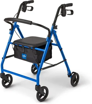 Medline Steel Rollator Walker for Adult Mobility Impairment, Blue, 350 lb. Weight Capacity, 6” Wheels, Foldable, Adjustable Handles, Rolling Walker for Seniors