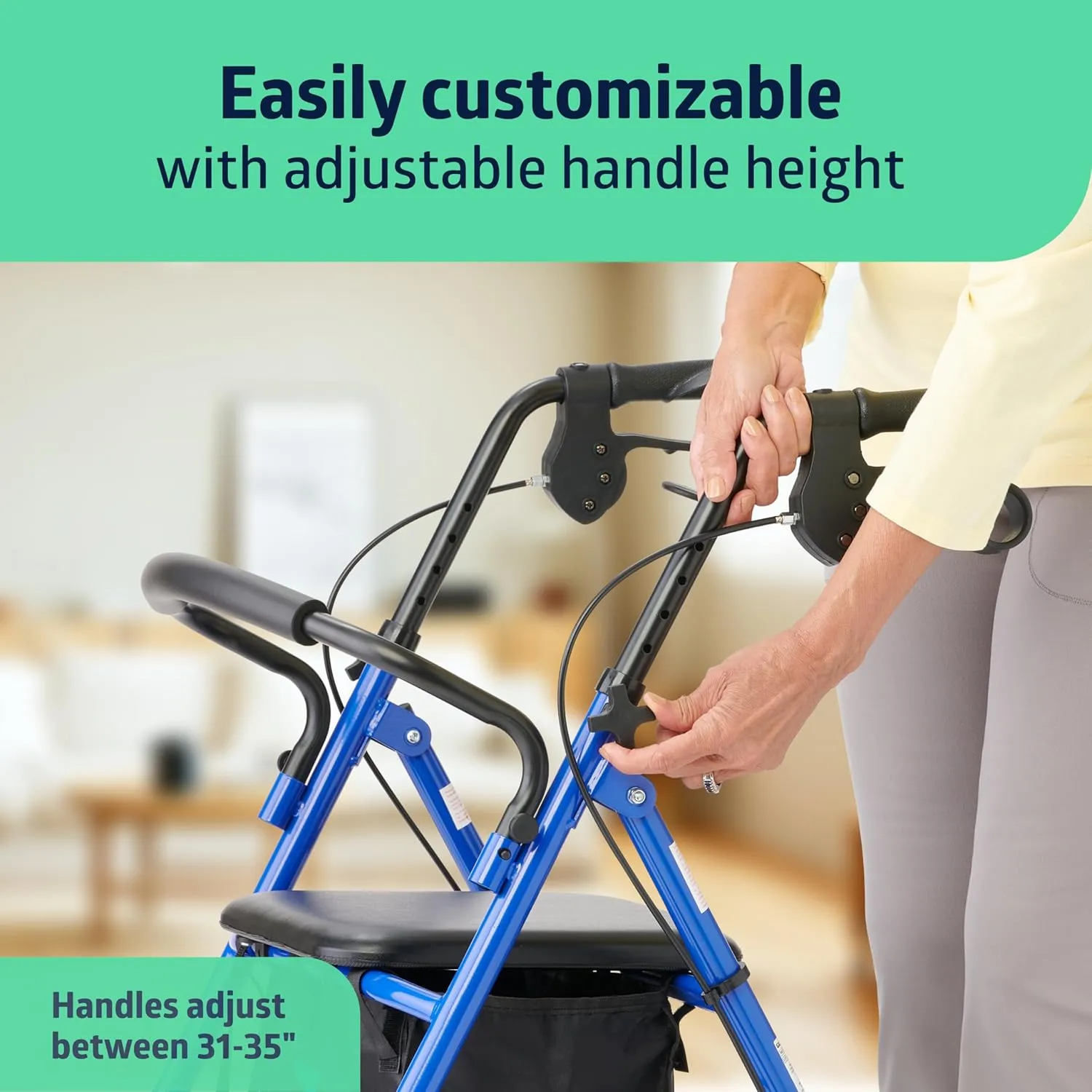 Medline Steel Rollator Walker for Adult Mobility Impairment, Blue, 350 lb. Weight Capacity, 8” Wheels, Foldable, Adjustable Handles, Rolling Walker for Seniors