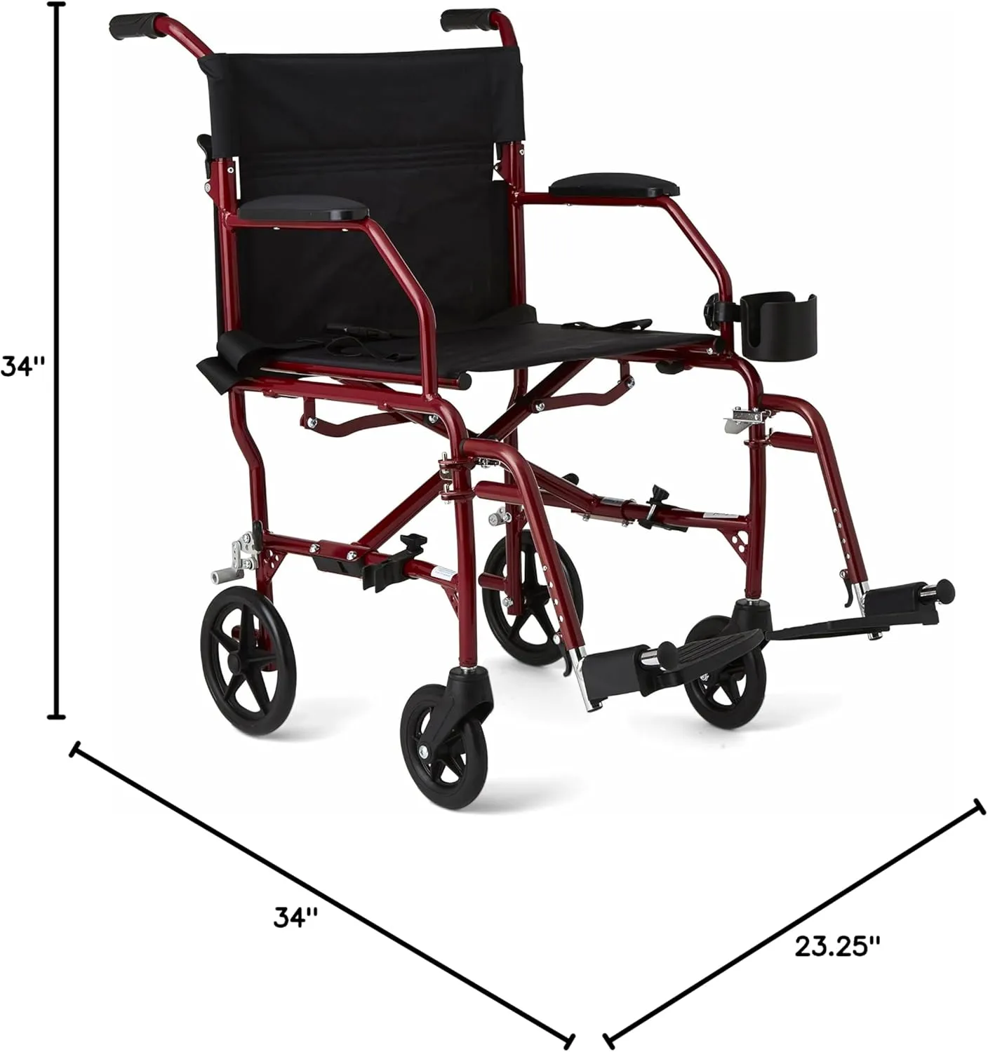 Medline Ultra Lightweight Transport Wheelchair for Adults, Foldable, 19-Inch Seat Width, Red Frame, Black Upholstery