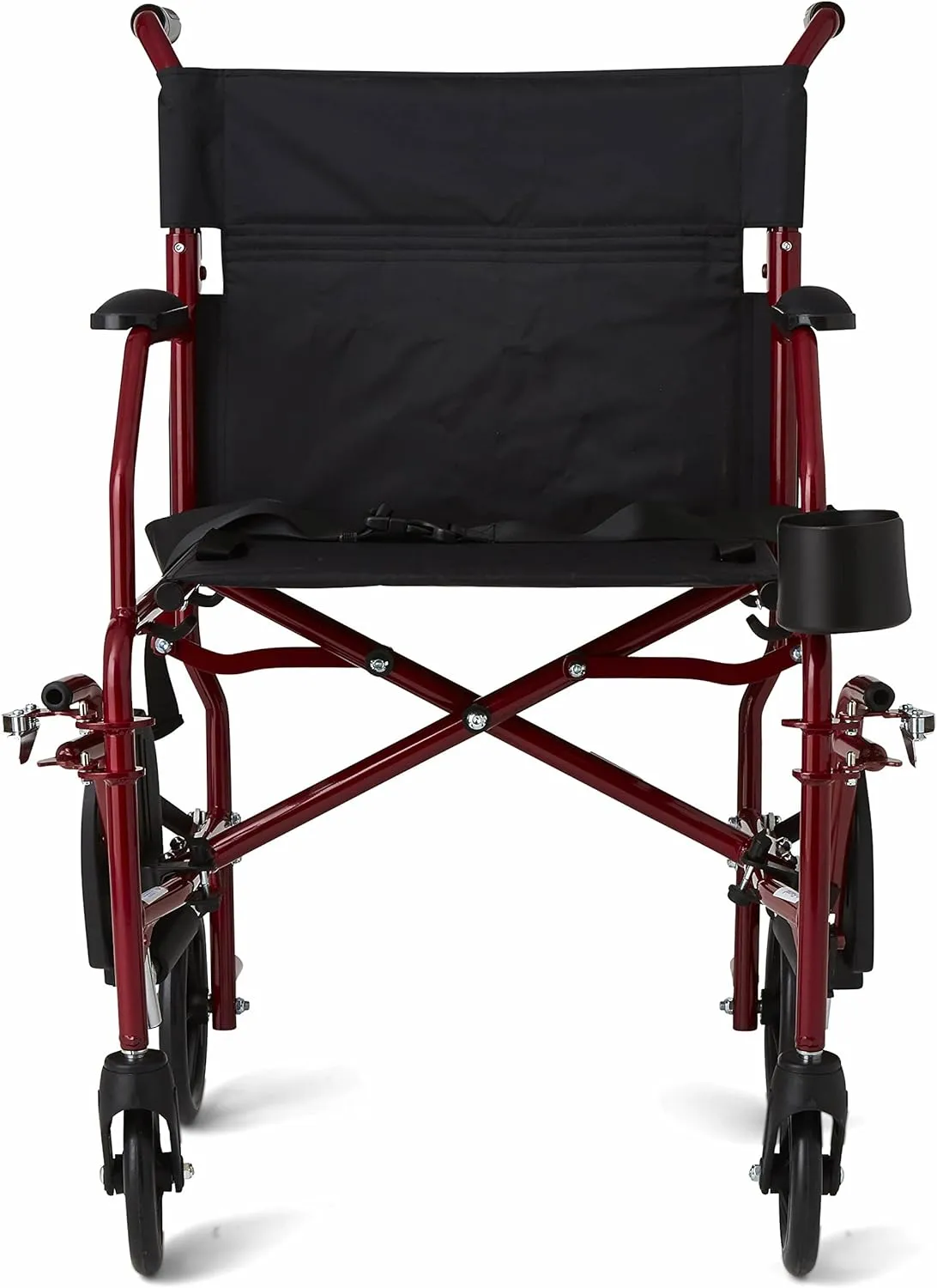 Medline Ultra Lightweight Transport Wheelchair for Adults, Foldable, 19-Inch Seat Width, Red Frame, Black Upholstery