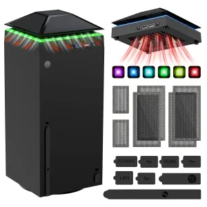 MENEEA Cooling Fan Dust Proof for Xbox Series X Console with Colorful Light Strip,MENEEA Dust Cover Filter,Rubber Dust Plugs,Low Noise Top Fan with 3 Gears,Cooler&Light Independent Touch Switch, 2 USB Port