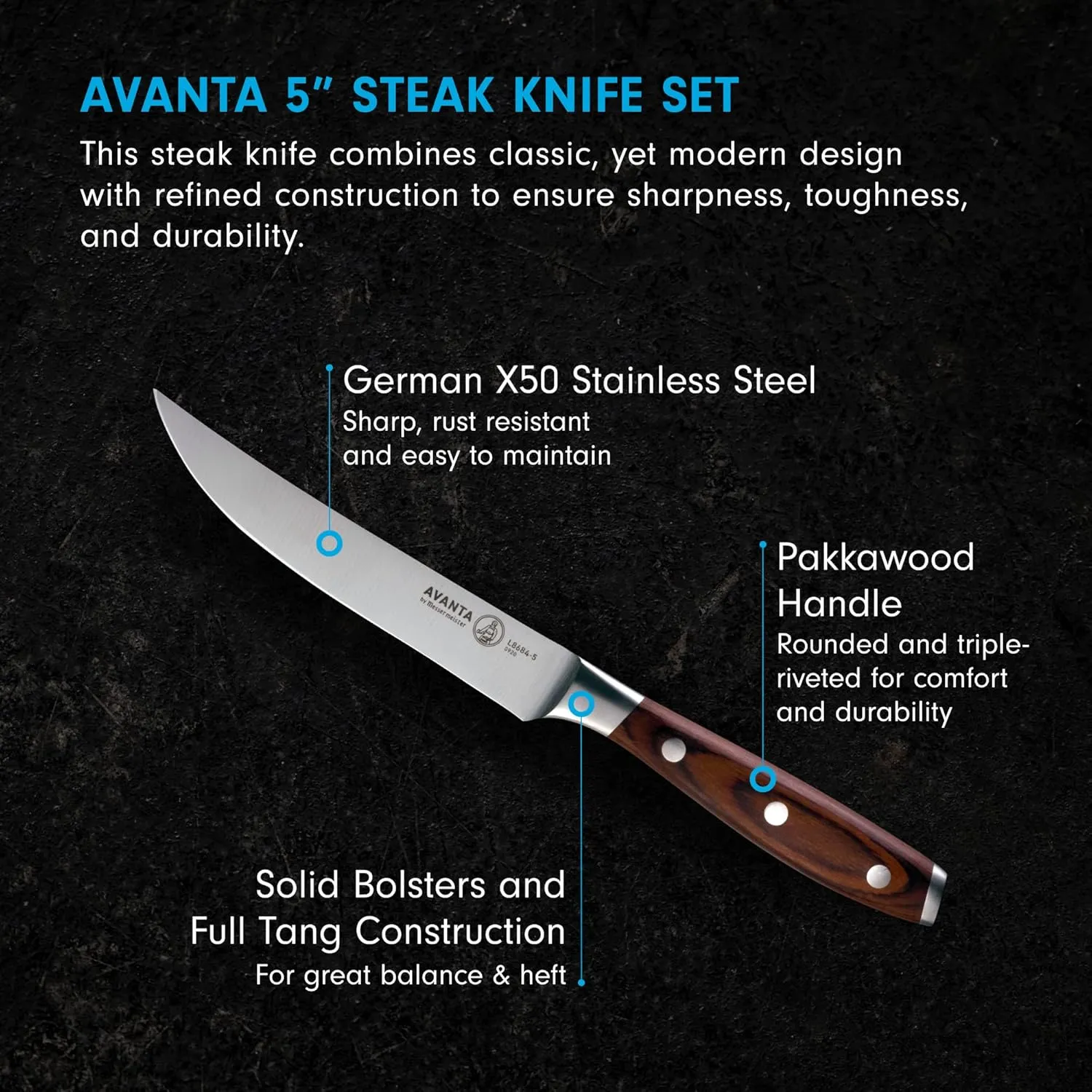 Messermeister Avanta Forged 5” Fine Edge Steak Knife Set - German X50 Stainless Steel - Rust Resistant & Easy to Maintain - Includes 4 Steak Knives