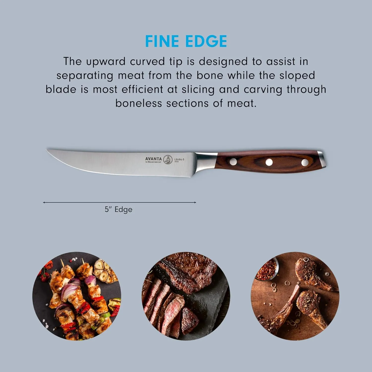 Messermeister Avanta Forged 5” Fine Edge Steak Knife Set - German X50 Stainless Steel - Rust Resistant & Easy to Maintain - Includes 4 Steak Knives
