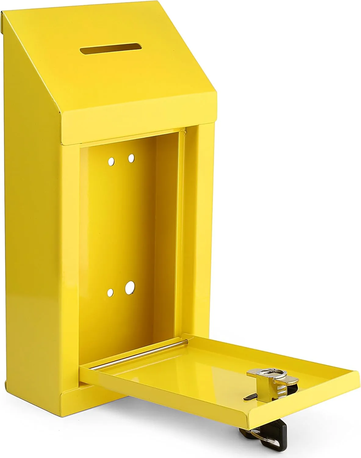 Metal Donation Box Charity Steel Collection Box Office Suggestion Box Secure Box With Top Slot and Lock with Keys Wall Mount with pre drilled holes 10x6x2.5" Key Drop Box for Home Office (Yellow)