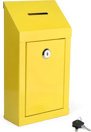 Metal Donation Box Charity Steel Collection Box Office Suggestion Box Secure Box With Top Slot and Lock with Keys Wall Mount with pre drilled holes 10x6x2.5" Key Drop Box for Home Office (Yellow)