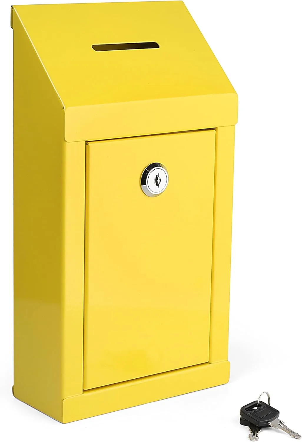 Metal Donation Box Charity Steel Collection Box Office Suggestion Box Secure Box With Top Slot and Lock with Keys Wall Mount with pre drilled holes 10x6x2.5" Key Drop Box for Home Office (Yellow)