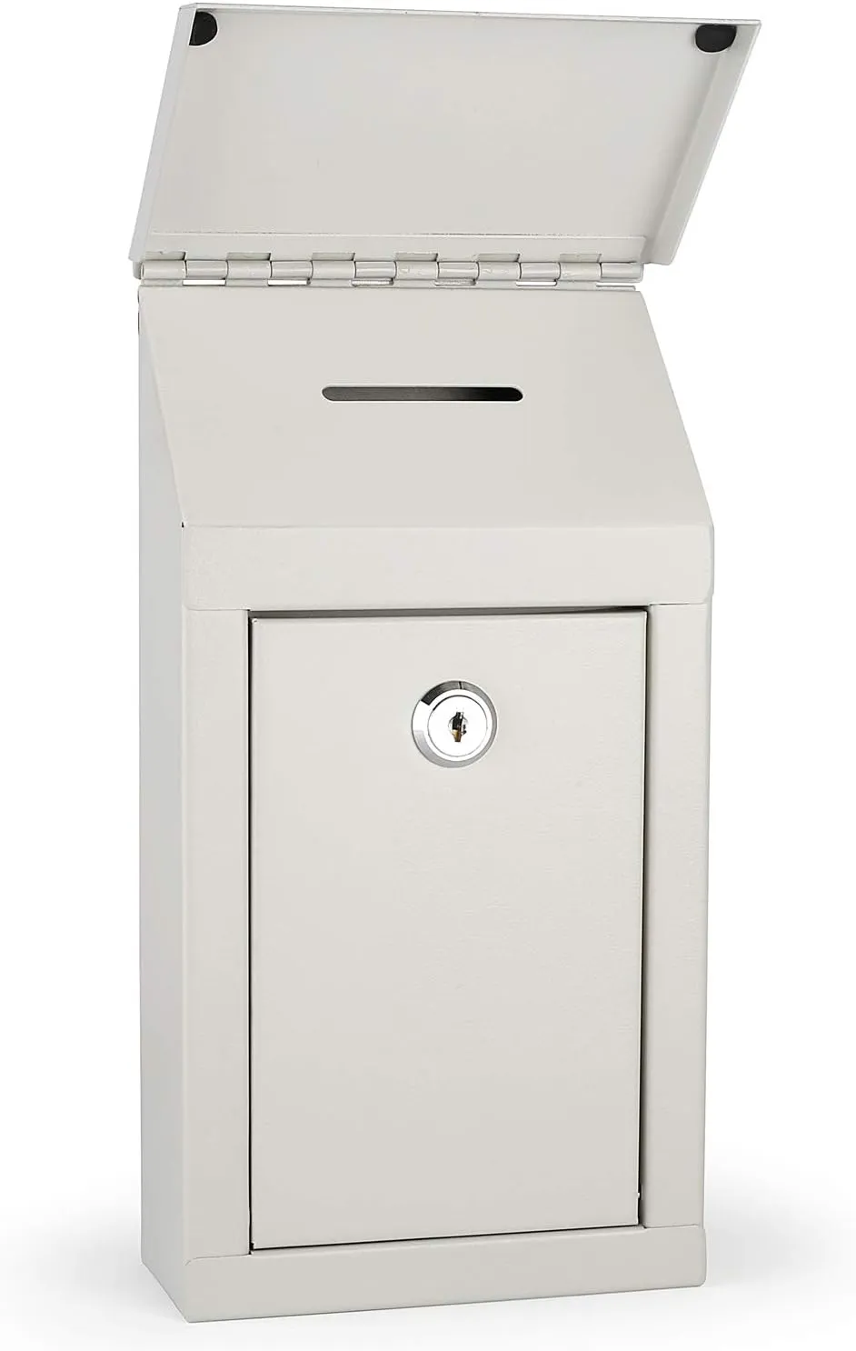 Metal Donation Box-Suggestion Box with Slot and Lock-Cash Lock Box for Money-Drop Box-Outdoor Waterproof Mailbox and Ballot Box-Comes with pre-drilled Holes for Easy Wall mounting 10 X 6 X 2.5(White)