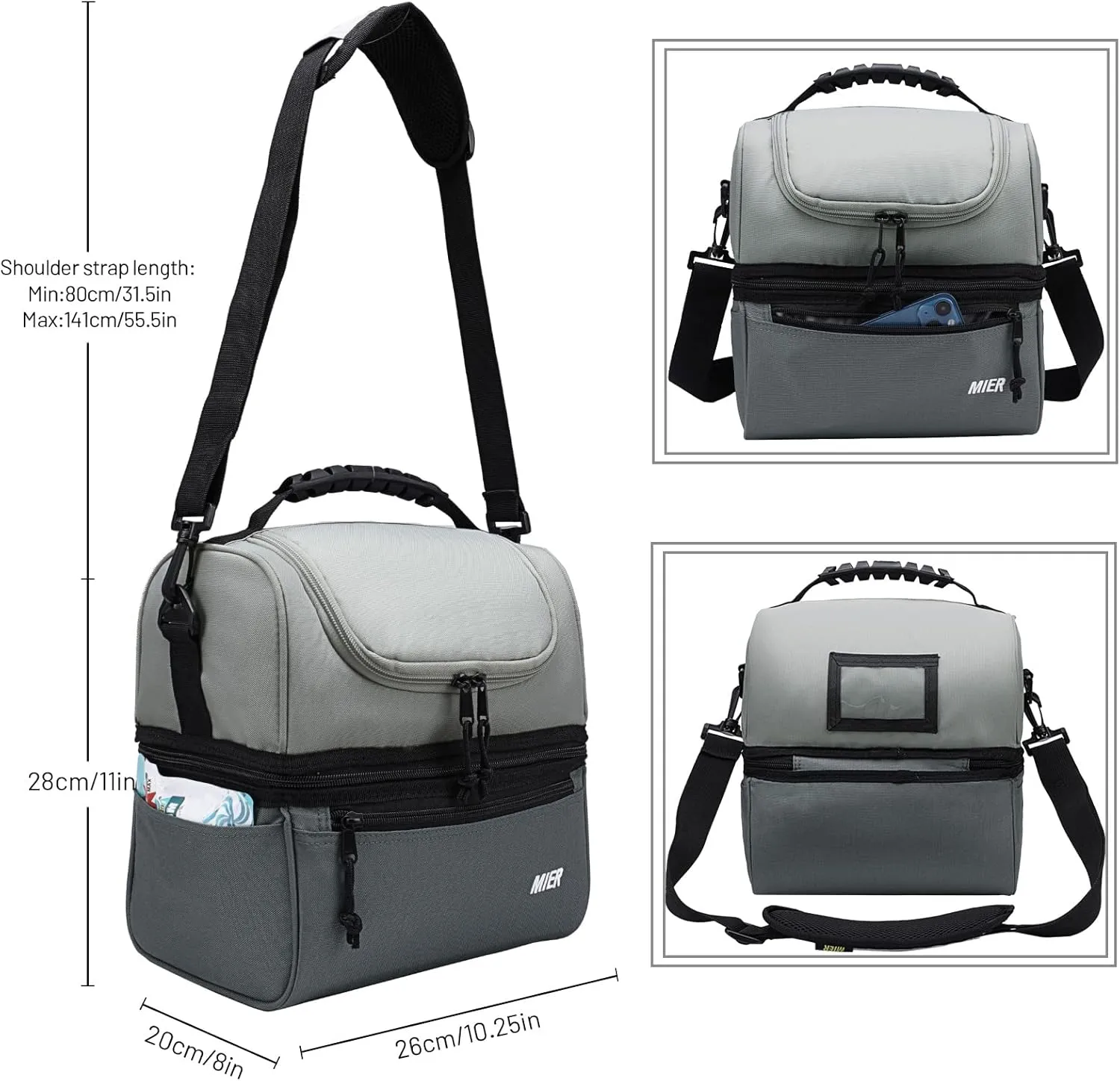 MIER Adult Lunch Box Insulated Lunch Bag Large Cooler Tote Bag for Men, Women, Double Deck Cooler （Dark Grey/Grey, Large）