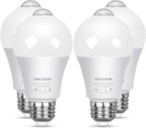 MikeWin Motion Sensor Light Bulbs Outdoor 4 Packs 13W(100W Equivalent) Security LED Bulb, Indoor E26, A19, 5000K Daylight Dusk to Dawn Bulb for Garage Front Door Porch Stairs Hallway